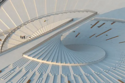 A sweeping riverside cultural building featuring an accessible rooftop and inviting public spaces.