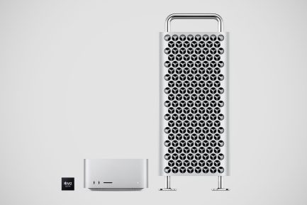 A bulky Apple Mac Pro tower computer along with a Mac Studio featuring the M2 Ultra Chip.