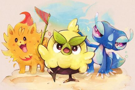 the three Gen 10 starter Pokémon Browt, Pombon and Gecqua. Illustration by Kyro Max