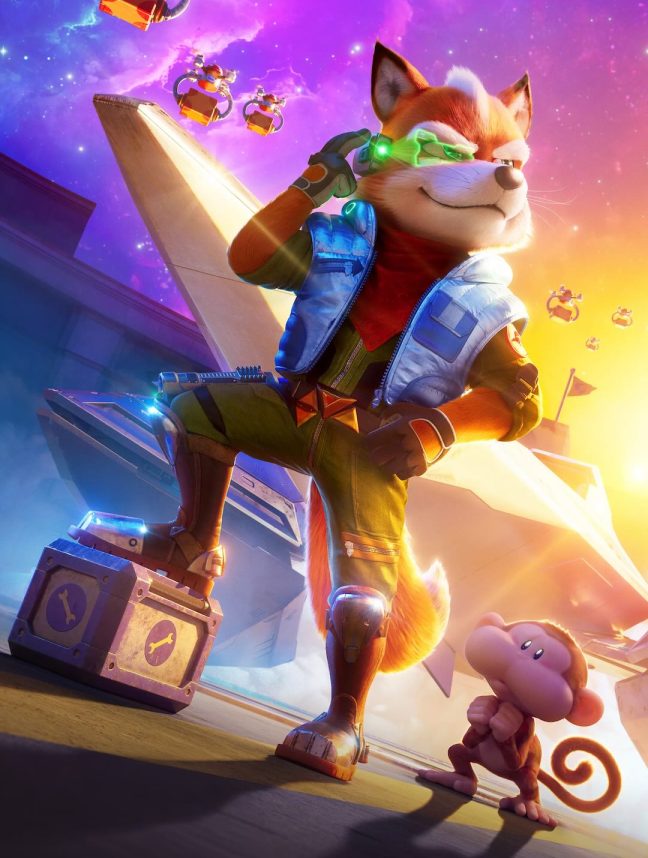 Fox McCloud standing proudly next to his Arwing starship ready to join Mario and Luigi on a cosmic adventure.
