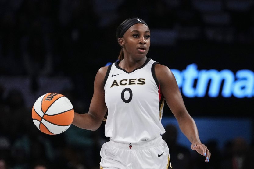 Jackie Young in her Las Vegas Aces uniform during a 2025 WNBA game.