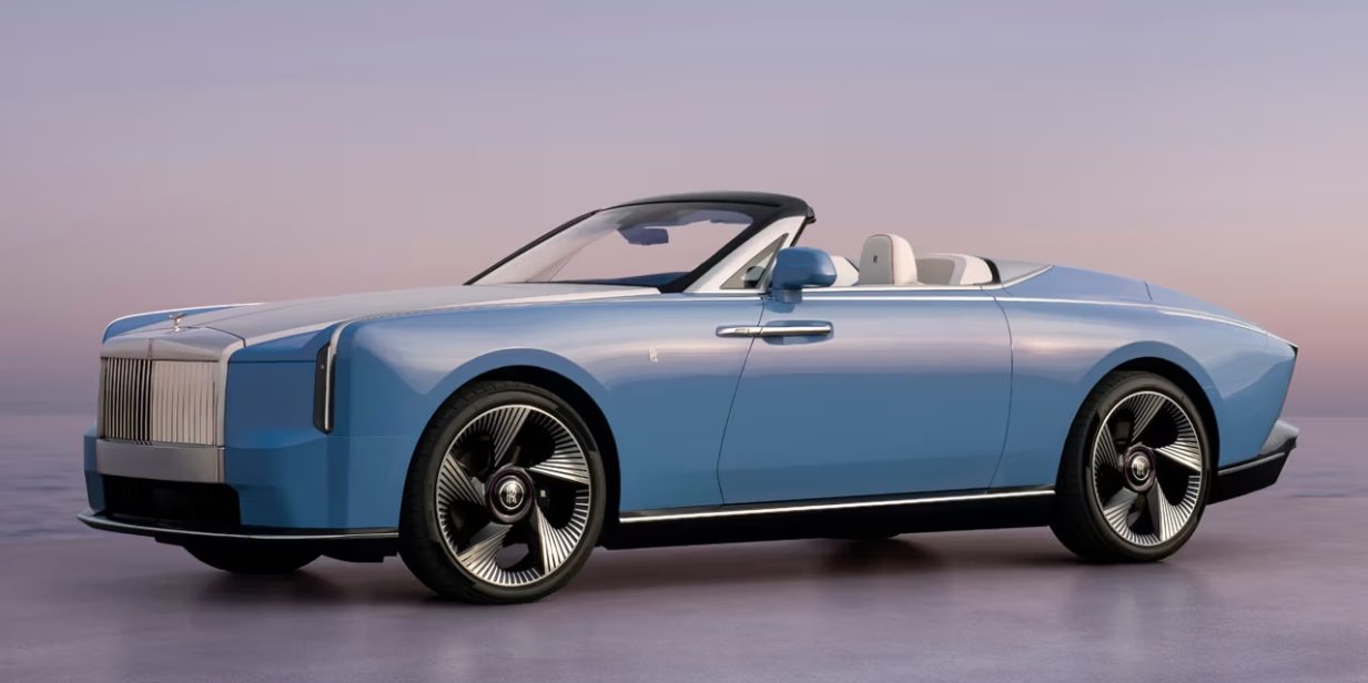 Rolls-Royce Project Nightingale fully electric open-top two-seater finished in Côte d'Azur Blue with 24-inch directional wheels.