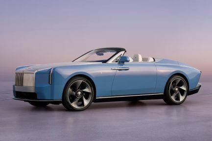 Rolls-Royce Project Nightingale fully electric open-top two-seater finished in Côte d'Azur Blue with 24-inch directional wheels.