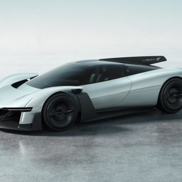 A sleek virtual hypercar featuring a wind sculpted teardrop body and a wraparound glass canopy designed by Xiaomi for Gran Turismo.