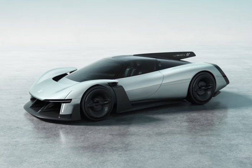 A sleek virtual hypercar featuring a wind sculpted teardrop body and a wraparound glass canopy designed by Xiaomi for Gran Turismo.